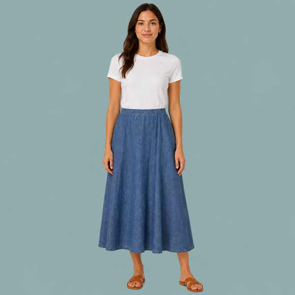 Flax Dresses & Skirts - FLAX Size Small S Blue Pull On Elastic Waist Artsy Lagenlook Linen Midi Skirt